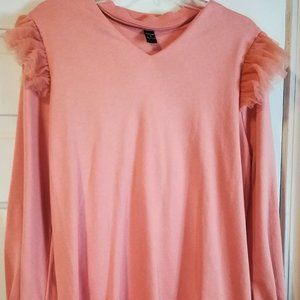 Pink Hi-Lo sweater dress with ruffles and neck cutout